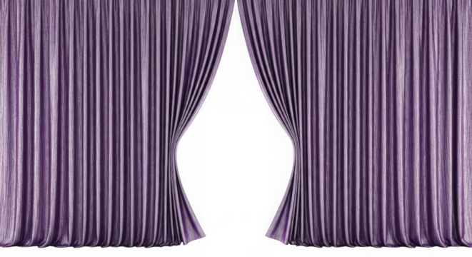 Purple theater curtains parted revealing a dark opening isolated on transparent background