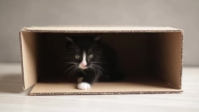 Curious cat playfully exploring a cardboard box on wooden floor