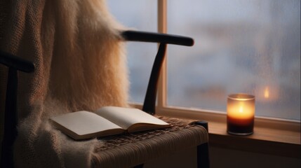 Cozy Reading Nook With Open Book And Candle By Window. Relaxation And Comfort