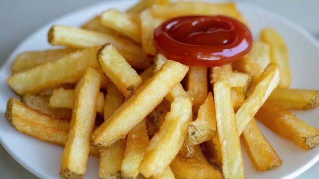 Video A plate of French fries topped with ketchup, great for snacking or as part of a meal