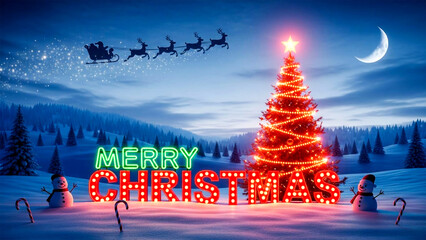 Festive christmas scene with tree snowmen santa sleigh and merry christmas sign