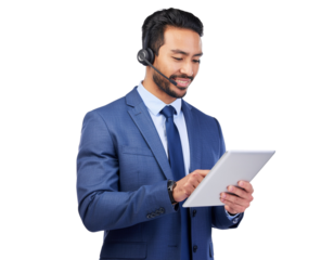 Multitasking call center employee using headset and tablet device, isolated on a transparent background, PNG