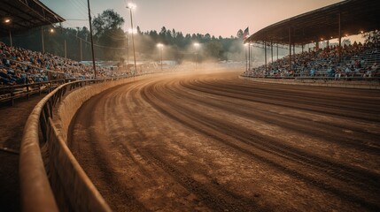 A Bustling Crowd at the Dirt Racing Track During a Vibrant Sunset Celebration of Speed and Competition