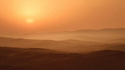Fototapeta premium Desert Landscape At Sunset With Rolling Sand Dunes And Warm Orange Sky. Tranquil And Serene Natural Beauty