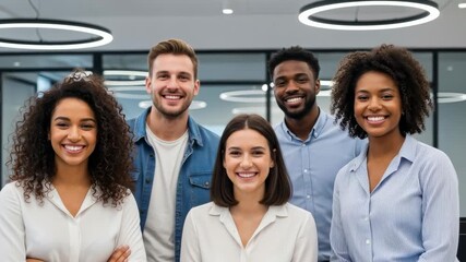 Smiling diverse team celebrates success in modern office setting - Powered by Adobe