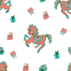 Seamless Christmas pattern in pastel colors, drawn with wax crayons. This cozy, wintry print features horses, balls, and gifts with oil pastels.