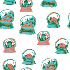 Seamless Christmas pattern in pastel colors, drawn with wax crayons. This cozy, wintry print features horses, balls, and gifts with oil pastels.