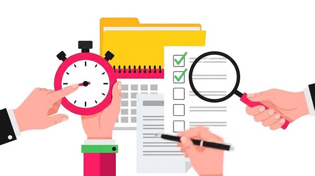 Efficient business process management with hands on a stopwatch, checklist, and magnifying glass, symbolizing task planning, time optimization, and meticulous document review for productivity