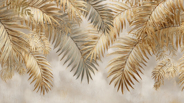  A luxurious, stylized image of various hanging palm and fern leaves in metallic gold, silver, and muted beige tones against a textured background.
