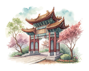 Obraz premium Chinese Pagoda Gate Watercolor Element isolated on white background