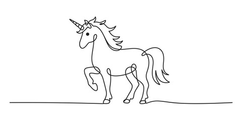 Unicorn continuous line drawing on a minimal white background. mythical creature, magic, fantasy, elegance, dreamlike, isolated vector art illustration. Vector, illustration