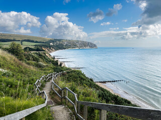 Coastal landscape at Swanage Bay in Swanage, Dorset, England, in summer.