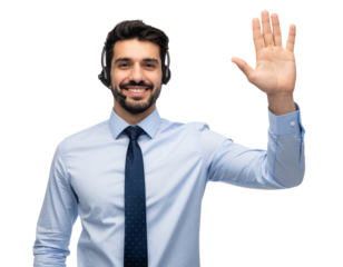 Professional call center representative raising hand for assistance while wearing headset, isolated on a transparent background, PNG
