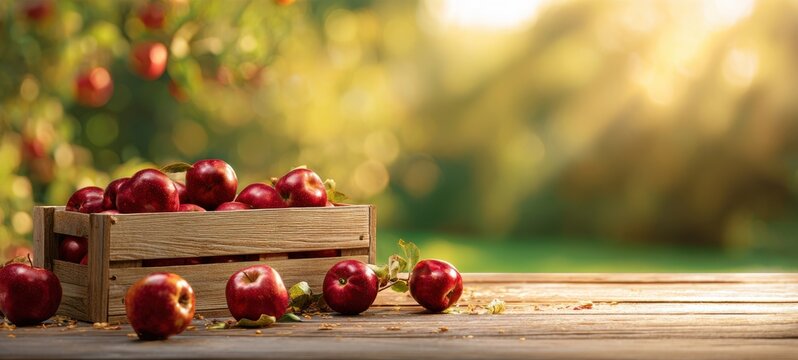 The apples in a rustic wooden crate on a sunlit outdoor wooden table