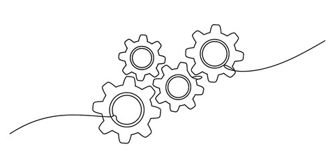 Continuous line drawing of four interconnected gears, a minimalist technical illustration representing system, mechanics, and teamwork on white. Vector, illustration