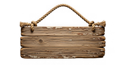 Rustic wooden sign hanging by rope isolated on transparent background