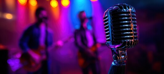 The Microphone in Focus on a Vibrant Live Band Stage with Neon Lights