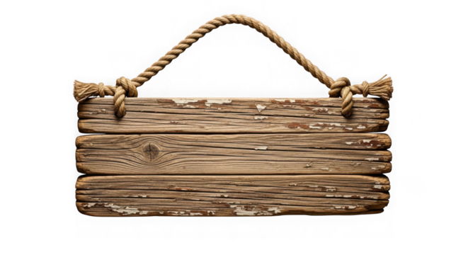 Rustic wooden sign hanging by rope isolated on transparent background