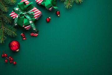 Merry Christmas and Happy Holidays greeting card, frame, border. New Year. Red Christmas ornaments...