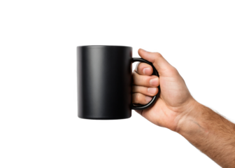hand holding black coffee mug isolated on a transparent background.