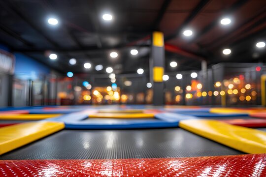 This trampoline&rsquo;s vivid multicolored padding enhances a generous indoor play space designed for joyful bouncing and physical activity.
