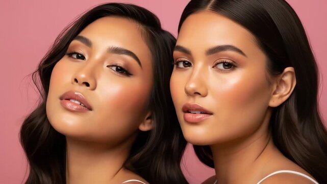 Two women with glossy makeup, warm tones, peach highlight, pink backdrop, calm, confident, poised.!!
