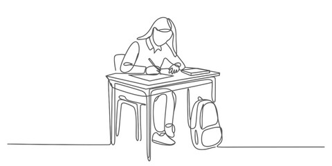 Continuous single line drawing of a student diligently studying at a school desk with books and a backpack, symbolizing education and learning Vector, illustration