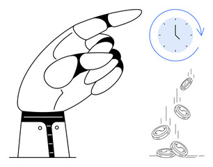 Hand gestures towards a clock with coins falling, symbolizing time management, financial planning, resource allocation, productivity, economic efficiency, deadlines, and prioritization. A simple flat