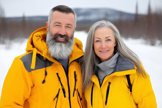 Joyful elderly Caucasian couple in bright yellow jackets, smiling warmly against a snowy landscape, showcasing love and companionship in a winter wonderland - Powered by Adobe