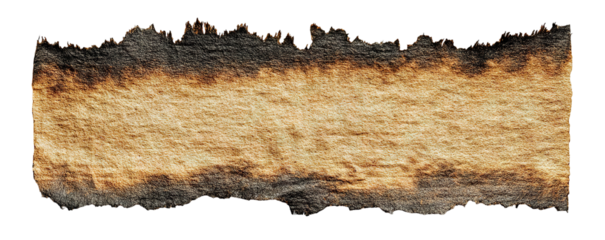 Torn strip of burnt brown paper with rough charred edges, isolated on transparent cutout background