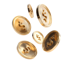 Shiny gold dollar coins flying in mid air, isolated on transparent cutout background