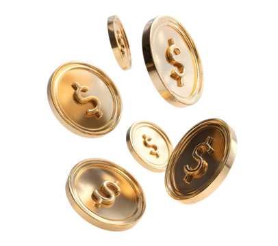 Shiny gold dollar coins flying in mid air, isolated on transparent cutout background