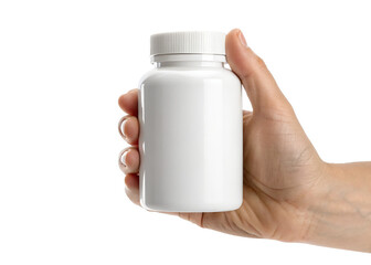 hand holding blank white plastic pill bottle isolated on a transparent background.