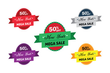 New year mega sale tag badge set. 50% off discount badge sticker vector design on transparent background. Vector illustration.	