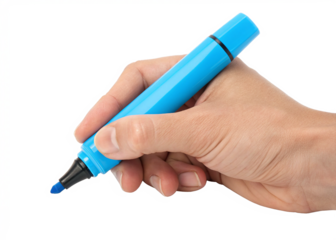 hand holding blue highlighter isolated on a transparent background.