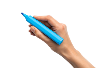 hand holding blue highlighter isolated on a transparent background.