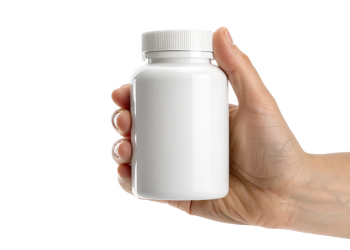 hand holding blank white plastic pill bottle isolated on a transparent background.