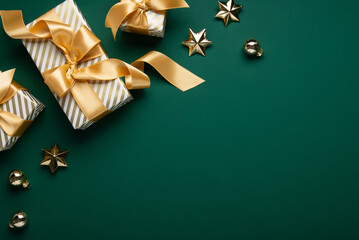 Merry Christmas and Happy Holidays greeting card, frame, border. New Year. Golden Christmas...