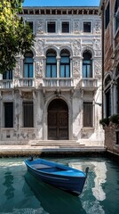 Naklejka premium Ornate White Venetian Palazzo Facade With Blue Boat Moored In Canal On Sunny Day Featuring Divisionism Style Shimmering Light Reflections And Intricate Architectural Details