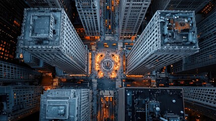 Overhead Aerial View of a Busy City Square at Night With Tall Buildings Lit Up Orange and Blue Lights People and Cars Moving In A Vibrant Urban Landscape