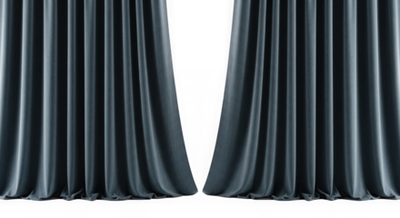 Open gray stage curtains revealing a dark space isolated on transparent background