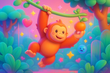 Obraz premium Cute cartoon monkey swinging on a vine in a colorful jungle with glowing hearts and stars in background, smiling and holding a fruit. Ai generative. Ai generative