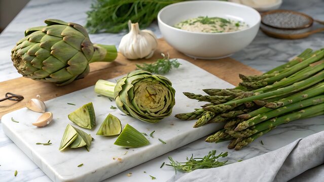 Chopped artichoke with asparagus on cutting board in kitchen - Powered by Adobe