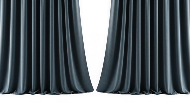 Open gray stage curtains revealing a dark space isolated on transparent background