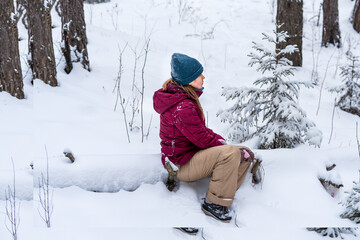 A young Caucasian woman sits on a snow-covered log in a winter forest and resting She wears a maroon jacket and a blue beanie, surrounded by snow and evergreen trees