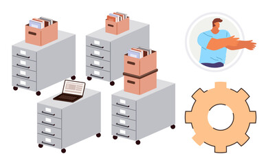 Filing cabinets with folders, boxes, laptop, gear icon, and focused person in a circle. Ideal for office organization, administration, file storage, workflow teamwork productivity and systems