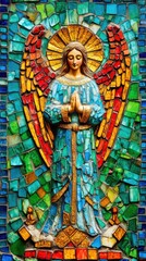 Obraz premium Religious Angel Mosaic Art With Golden Halo Blue Robes And Folded Hands Set Against A Colorful Teal And Red Background With Detailed Gold Leaf Accents Capturing A Serene And Solemn Expression Of Faith