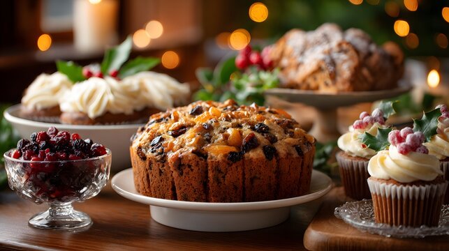 A festive dessert table features cakes, cupcakes, and holiday treats surrounded by warm Christmas lights for a celebratory mood - Powered by Adobe