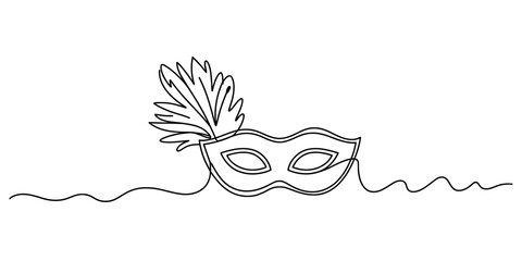 Continuous line drawing of a mysterious carnival masquerade mask with an elegant feather, perfect for party invitations, event promotions. Vector, illustration
