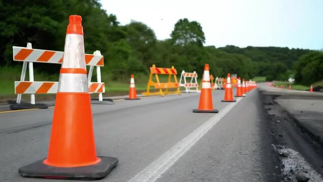 road barriers and traffic cones on closed city road, safety fence for traffic control, road barriers for construction zone, plastic cones for highway maintenance and detour route safety